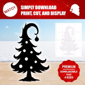 May include: Black Christmas tree silhouette with white accents and a hanging ornament. The image includes the text "SIMPLY DOWNLOAD PRINT, CUT, AND DISPLAY" and "PREMIUM DOWNLOADABLE FILES 4 SIZES".