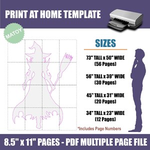 May include: Printable template for a witch silhouette, with a broom, in various sizes. The template is designed to be printed at home on 8.5 x 11 inch paper. The image includes text that says "PRINT AT HOME TEMPLATE" and "MATOY".