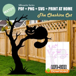 Décoration murale et fête chat du Cheshire Alice au pays des merveilles | Silhouette imprimable taille réelle | Tracez et découpez des oeuvres d'art dans votre jardin, des idées de jardin - Présentoir événementiel
