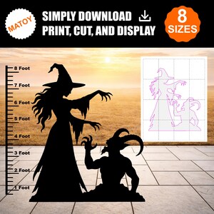 Puede incluir: Una plantilla digital de la silueta de una bruja y una criatura con cuernos, con el texto SIMPLY DOWNLOAD PRINT, CUT, AND DISPLAY y 8 SIZES. Una regla vertical a la izquierda indica una escala de altura de 1 a 8 pies.