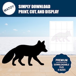 Könnte beinhalten: Schwarze Silhouette eines Fuchses, der nach links geht. Der Text "SIMPLY DOWNLOAD, PRINT, CUT, AND DISPLAY" ist zu sehen. Das Bild enthält auch "PREMIUM DOWNLOADABLE FILES 4 SIZES".