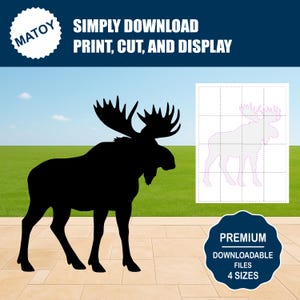 Puede incluir: Silueta negra de un alce con grandes astas sobre una superficie embaldosada, con un contorno de cuadrícula del alce a la derecha. La imagen incluye el texto "SIMPLY DOWNLOAD PRINT, CUT, AND DISPLAY" y "PREMIUM DOWNLOADABLE FILES 4 SIZES".