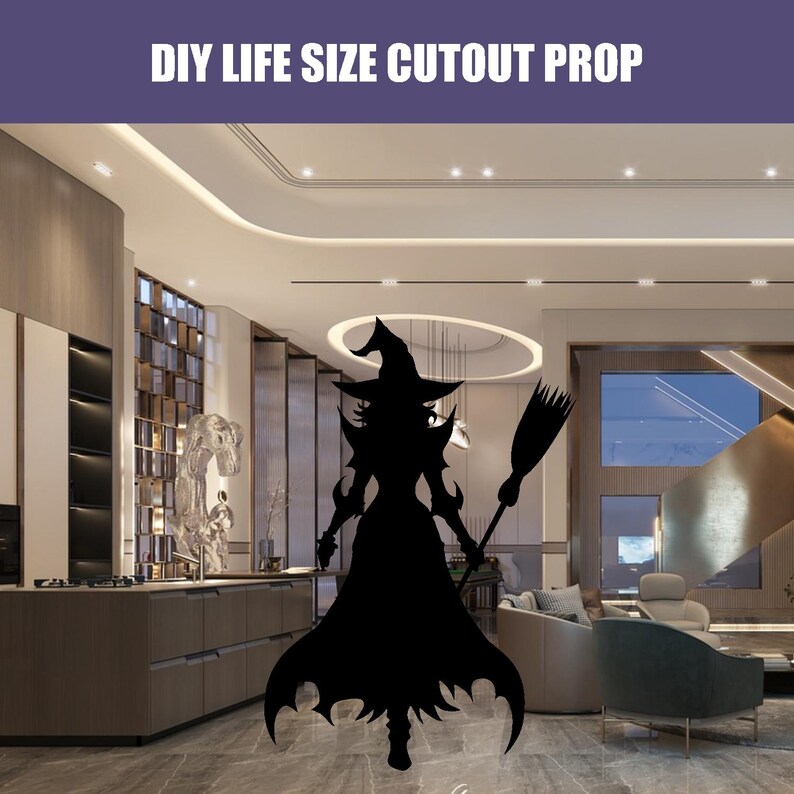 May include: A black silhouette of a witch holding a broom in front of a modern interior design. The witch is wearing a pointed hat and a long dress. The silhouette is a DIY life-size cutout prop.