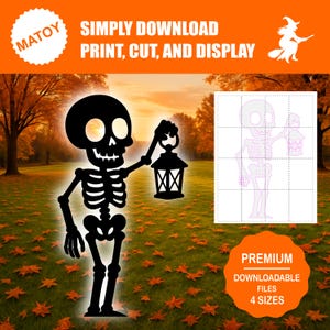 May include: A black skeleton silhouette holding a lantern, set against a fall landscape. The image includes the text "SIMPLY DOWNLOAD, PRINT, CUT, AND DISPLAY" and "PREMIUM DOWNLOADABLE FILES 4 SIZES".