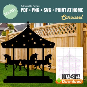 Carousel Carousel et décoration murale | Silhouette imprimable taille réelle | Motif de traçage et de découpe pour l'art de la cour, des idées de jardin et des présentoirs d'événements