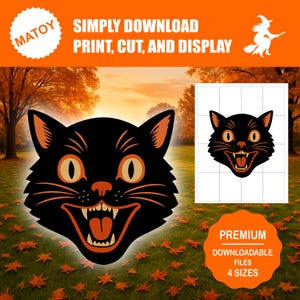 May include: A black cat face with orange eyes and mouth, and the text "SIMPLY DOWNLOAD, PRINT, CUT, AND DISPLAY". A smaller version of the cat face is on a grid. The image also includes the text "PREMIUM DOWNLOADABLE FILES 4 SIZES".