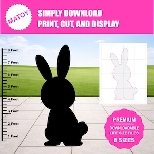 May include: A black silhouette of a rabbit stands on a patio, next to a height chart. The image includes the text "SIMPLY DOWNLOAD PRINT, CUT, AND DISPLAY" and "PREMIUM DOWNLOADABLE LIFE SIZE FILES 8 SIZES".