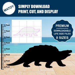 May include: A black dinosaur silhouette with a detailed outline, next to a scale indicating size in feet. Above, a grid shows a pink dinosaur outline. Text reads "SIMPLY DOWNLOAD, PRINT, CUT, AND DISPLAY" and "PREMIUM DOWNLOADABLE LIFE SIZE FILES 8 SIZES".