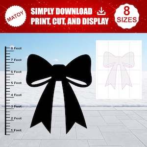 May include: A black silhouette of a bow with two long tails. A vertical ruler on the left shows a scale from 1 to 8 feet. A white grid box on the right displays a purple outline of the bow. Text reads MATOY, SIMPLY DOWNLOAD, PRINT, CUT, AND DISPLAY, 8 SIZES.