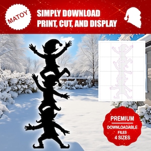 Kerstfeest en wanddecoratie kerstelfen | Afdrukbaar levensgroot silhouet | Traceer- en snijpatroon voor tuinkunst, feesten en evenementen