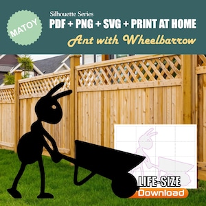 Décoration murale et fête fourmi brouette | Silhouette imprimable taille réelle | Motif de traçage et de découpe pour l'art de la cour, des idées de jardin et des présentoirs d'événements
