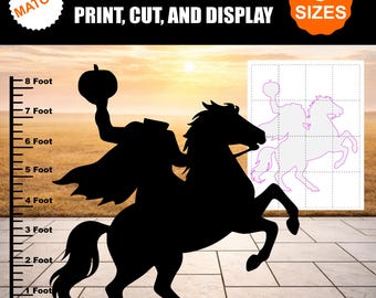 May include: A digital download template for a headless horseman silhouette holding a pumpkin, featuring 8 sizes. The graphic includes a height scale from 1 to 8 feet, the text MATOY, SIMPLY DOWNLOAD PRINT, CUT, AND DISPLAY, and 8 SIZES.