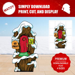 Può includere: Un'illustrazione di un cartone animato di una porta di legno con una porta rossa e un tetto coperto di neve. I cartelli recitano "Go Away", "The Mean One" e "Unwelcome". L'immagine include il testo "Simply Download, Print, Cut, and Display".