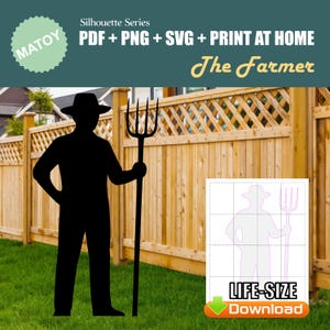 May include: A black silhouette of a farmer with a pitchfork, set against a wooden fence and green grass. The image includes the text "Silhouette Series" and "The Farmer", along with download options.