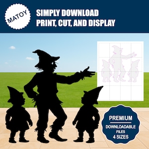 May include: Black silhouette of a scarecrow figure with two smaller figures, likely gnomes, in front of a green field and blue sky. The image includes text that says "SIMPLY DOWNLOAD, PRINT, CUT, AND DISPLAY".