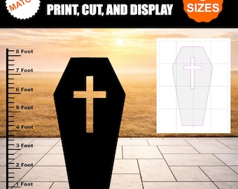 May include: A black coffin-shaped cutout featuring a central cross cutout. The image includes a vertical ruler measuring up to 8 feet, text reading SIMPLY DOWNLOAD PRINT, CUT, AND DISPLAY, and a grid diagram showing 8 sizes for the template.
