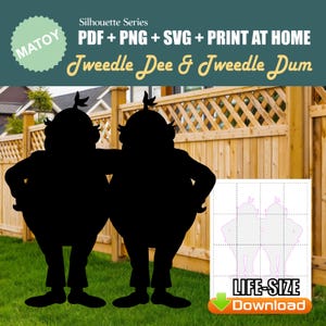 Décoration murale et de fête Tweedledee Dum | Silhouette imprimable taille réelle | Motif de traçage et de découpe pour l'art de la cour, des idées de jardin et des présentoirs d'événements