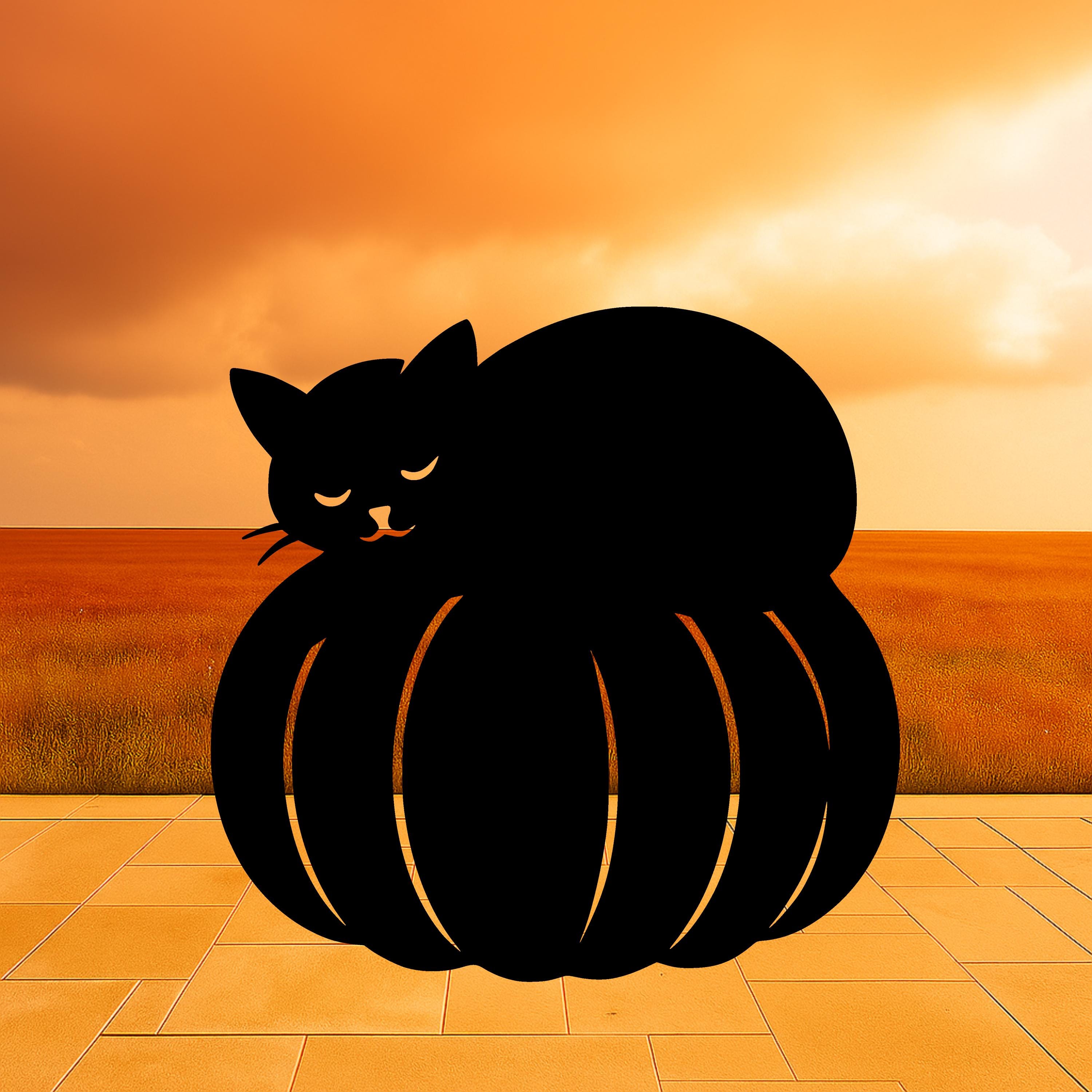 カボチャの上で眠る猫のシルエット - ハロウィンテンプレート 