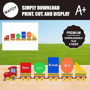 Peut inclure: Illustration d'un train éducatif avec des formes géométriques : carré, cercle, rectangle, ovale et triangle. Les wagons sont rouges, verts, bleus, oranges et jaunes. Le texte "SIMPLY DOWNLOAD PRINT, CUT, AND DISPLAY" est inclus.