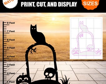 May include: A black silhouette Halloween yard decoration featuring a cat sitting on a tombstone with a skull and a jack-o'-lantern. A vertical ruler on the left shows a height of 8 feet. Text includes SIMPLY DOWNLOAD PRINT, CUT, AND DISPLAY.
