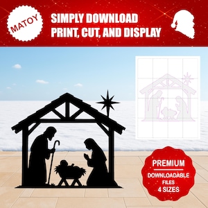 Puede incluir: Silueta negra de un pesebre con María, José y el niño Jesús en un pesebre, bajo una estructura de madera. Una estrella brilla arriba. La imagen incluye el texto "SIMPLY DOWNLOAD PRINT, CUT, AND DISPLAY" y "PREMIUM DOWNLOADABLE FILES 4 SIZES".