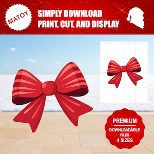 Puede incluir: Un gran lazo rojo con detalles a rayas y una versión más pequeña en una cuadrícula, sobre un fondo invernal. El texto dice "SIMPLEMENTE DESCARGAR, IMPRIMIR, CORTAR Y MOSTRAR" y "ARCHIVOS DESCARGABLES PREMIUM 4 TAMAÑOS".