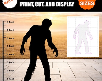 Puede incluir: Una plantilla de descarga digital para una silueta de zombi, con una figura negra sobre una cuadrícula, una regla de altura de 1 a 8 pies y el texto SIMPLY DOWNLOAD PRINT, CUT, AND DISPLAY y 8 SIZES. Incluye una versión con contorno blanco.