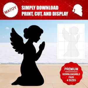 Op de afbeelding: Zwart silhouet van een knielende engel met gevouwen handen en grote vleugels. De afbeelding bevat de tekst "SIMPLY DOWNLOAD PRINT, CUT, AND DISPLAY" en "PREMIUM DOWNLOADABLE FILES 4 SIZES".