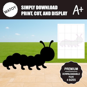 Può includere: Silhouette nera di un bruco con un contorno abbinato su una griglia, accanto alle parole "SIMPLY DOWNLOAD PRINT, CUT, AND DISPLAY". L'immagine include anche il testo "PREMIUM DOWNLOADABLE FILES 4 SIZES".