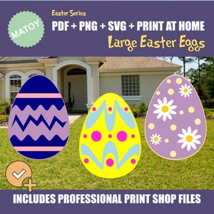 May include: Three large printable Easter egg designs. The eggs are decorated with different patterns, including wavy lines, polka dots, and daisies. The text "PDF + PNG + SVG + PRINT AT HOME Large Easter Eggs" is at the top of the image.