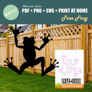 Könnte beinhalten: Eine schwarze Silhouette eines Laubfrosches in Sprungposition. Die Silhouette ist auf einem weißen Hintergrund mit einem Gittermuster gedruckt. Das Bild enthält den Text "LIFE-SIZE Download".
