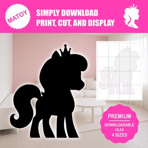 Feest- en wanddecoratie prinsessenpony | Afdrukbaar levensgroot silhouet | Traceer- en snijpatroon voor tuinkunst, tuinideeën en evenementendisplay