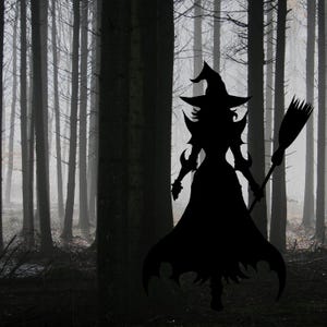 May include: Silhouette of a witch with a pointed hat and a broom standing in a dark forest. The witch is wearing a long robe and has long hair. The forest is filled with tall trees and fog.