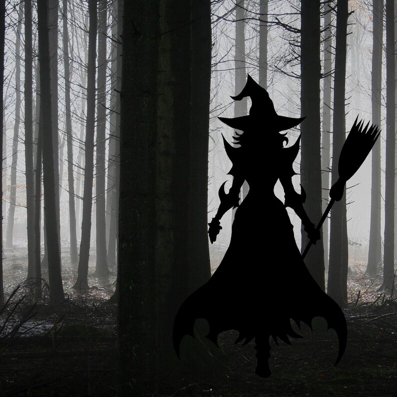 May include: Silhouette of a witch with a pointed hat and a broom standing in a dark forest. The witch is wearing a long robe and has long hair. The forest is filled with tall trees and fog.