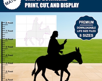 ロバの子馬に乗るイエスのシルエットテンプレート | イースターと聖枝祭の庭のアート（デジタルダウンロード）