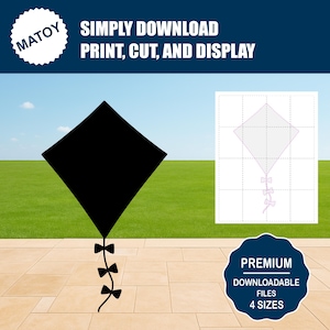 May include: A black diamond-shaped kite design with three black bows on a string. The image includes the text "SIMPLY DOWNLOAD PRINT, CUT, AND DISPLAY" and "PREMIUM DOWNLOADABLE FILES 4 SIZES". The kite is set against a green lawn and blue sky.