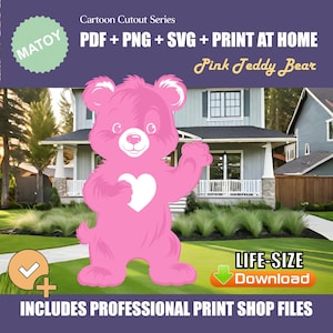 Motif d'art mural et jardin ours en peluche rose | Fichiers professionnels et imprimables en couleur | Tracer et couper le pochoir | Décoration de travail du bois à faire soi-même