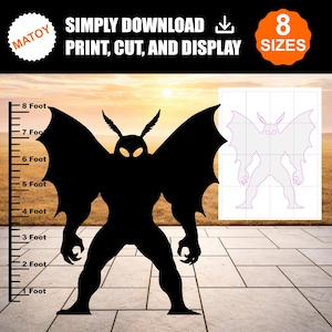 Puede incluir: Una silueta negra de una criatura alada con antenas y ojos brillantes, acompañada de una escala de altura de hasta 8 pies y una plantilla de contorno con cuadrícula. Texto: MATOY, SIMPLY DOWNLOAD, PRINT, CUT, AND DISPLAY, 8 SIZES.