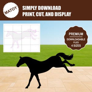 Silueta imprimible a tamaño real de un caballo pateando, ideal para fiestas en granjas y decoración de paredes. Patrón para trazar y recortar, perfecto para arte en el jardín, ideas para el jardín y exhibiciones de eventos.