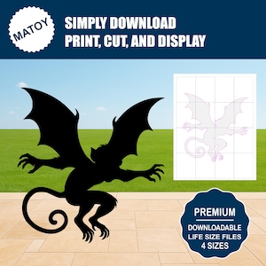May include: A black gargoyle silhouette with large wings and a curled tail. The image features the text "SIMPLY DOWNLOAD PRINT, CUT, AND DISPLAY" and "PREMIUM DOWNLOADABLE LIFE SIZE FILES 4 SIZES". A grid with a gargoyle outline is also visible.