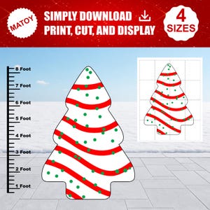 May include: A digital download template of a white Christmas tree shape with red wavy stripes and green polka dots. The image includes text stating MATOY, SIMPLY DOWNLOAD PRINT, CUT, AND DISPLAY, and 4 SIZES, with an 8-foot measuring scale.