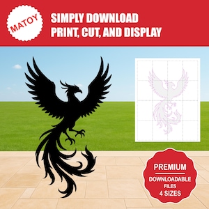 May include: A black phoenix silhouette with outstretched wings, set against a sky and grass background. The image includes the text "SIMPLY DOWNLOAD PRINT, CUT, AND DISPLAY" and "PREMIUM DOWNLOADABLE FILES 4 SIZES". A grid with a phoenix outline is also present.
