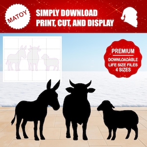 Puede incluir: Siluetas negras de un burro, un buey y una oveja. La imagen incluye el texto "SIMPLY DOWNLOAD PRINT, CUT, AND DISPLAY" y "PREMIUM DOWNLOADABLE LIFE SIZE FILES 4 SIZES". Los recortes son para un belén.