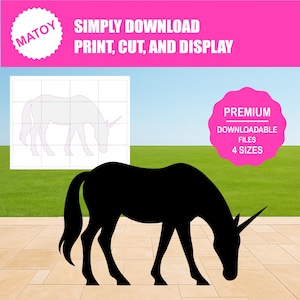 Feest- en wanddecoratie eenhoorn grazende prinses | Afdrukbaar levensgroot silhouet | Traceer- en snijpatroon voor kunst- en evenementendisplays