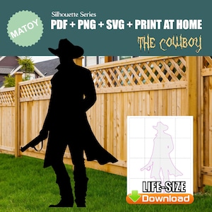 Décoration murale et fête Cowboy Far West | Silhouette imprimable taille réelle | Motif de traçage et de découpe pour l'art de la cour, des idées de jardin et des présentoirs d'événements