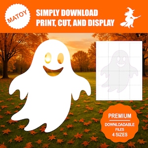 May include: A white ghost cutout with a smiling face, set against a fall landscape. The image includes text that reads "SIMPLY DOWNLOAD, PRINT, CUT, AND DISPLAY" and "PREMIUM DOWNLOADABLE FILES 4 SIZES". A grid with a ghost outline is also shown.