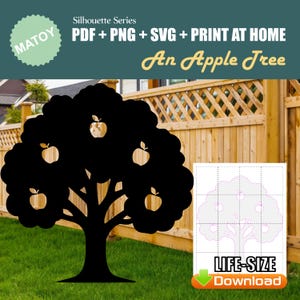 Décoration murale et fête de jardin avec pommier | Silhouette imprimable taille réelle | Motif de traçage et de découpe pour l'art de la cour, des idées de jardin et des présentoirs d'événements