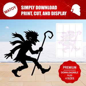 Peut inclure: Silhouette noire d'un personnage fantaisiste avec un bâton, courant sur un paysage enneigé. L'image contient le texte « SIMPLY DOWNLOAD PRINT, CUT, AND DISPLAY » et « PREMIUM DOWNLOADABLE FILES 4 SIZES ».