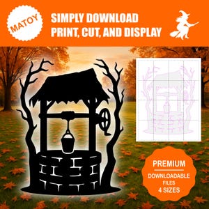 Décoration murale et fête d'Halloween du puits hanté | Silhouette imprimable taille réelle | Motif de traçage et de découpe pour l'art de la cour, l'affichage d'événements d'idées de jardin