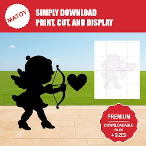Peut inclure: Silhouette noire de Cupidon avec un arc et une flèche visant un cœur. L'image comprend le texte « SIMPLEMENT TÉLÉCHARGER, IMPRIMER, COUPER ET AFFICHER » et « FICHIERS TÉLÉCHARGEABLES PREMIUM 4 TAILLES ».